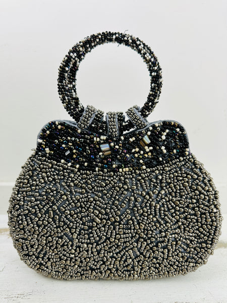 front view of multi coloured beaded handbag