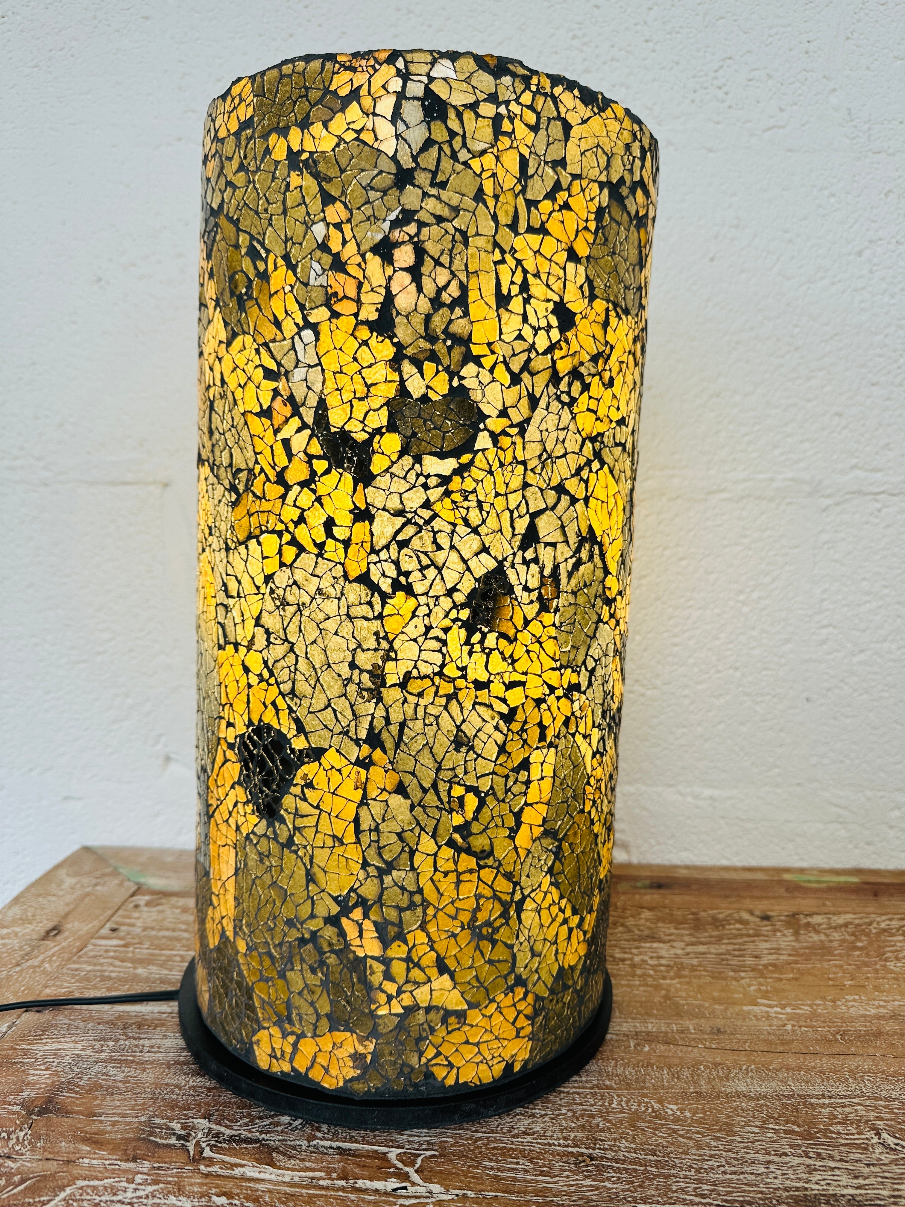 front view of mosaic cylinder lamp with light on