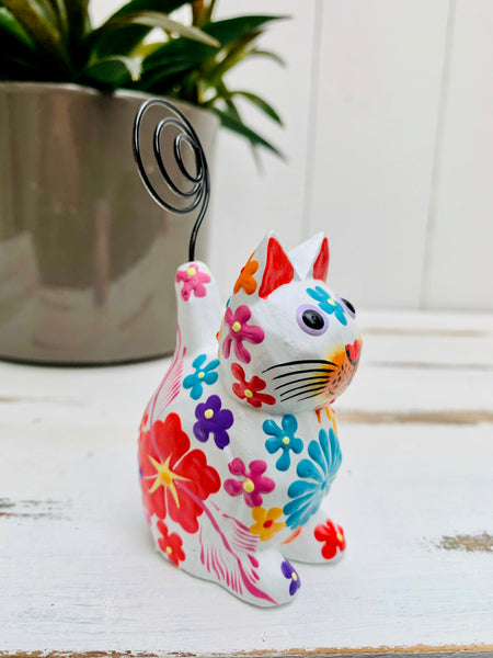 side view of wooden flower kitty in white