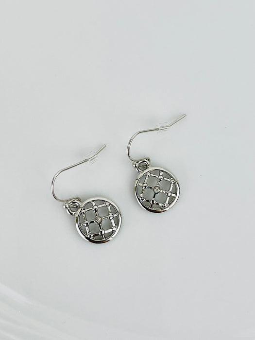 A pair of silver-colored earrings with a simple cross diamond pattern and tiny crystal detail, displayed on a white background.