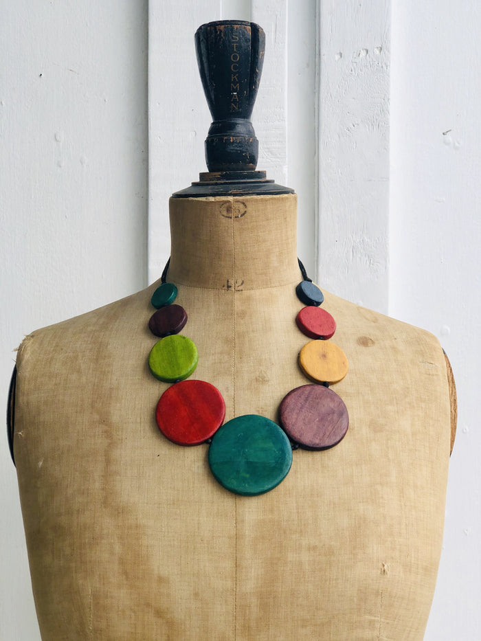 Statement long short rainbow multi turquoise bead wood metal silver necklace