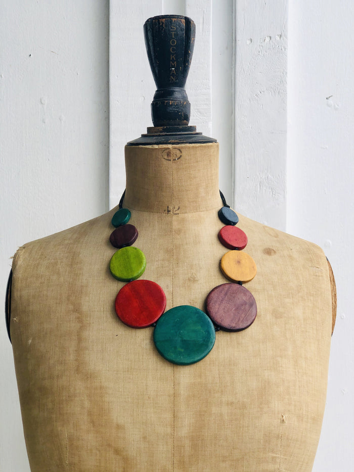 Statement long short rainbow multi turquoise bead wood metal silver necklace
