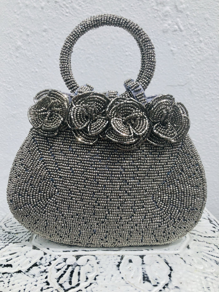Bead handbag evening bag clutch bag silver gold metallic black navy gunmetal multi red vintage style retro style