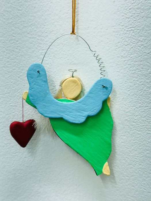 Wooden Hanging Angel - Colourful with Red Heart