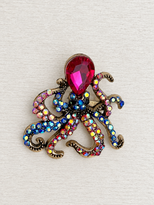 Multicoloured Crystal Octopus Brooch