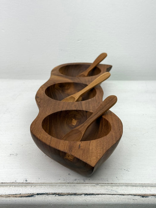 Teak Wood Three Section Dip Bowl Set