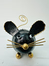 Handmade decorative mouse made from recycled materials with a curly tail, featuring black and gold colors.