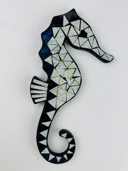 front view of mosaic seahorse on white background