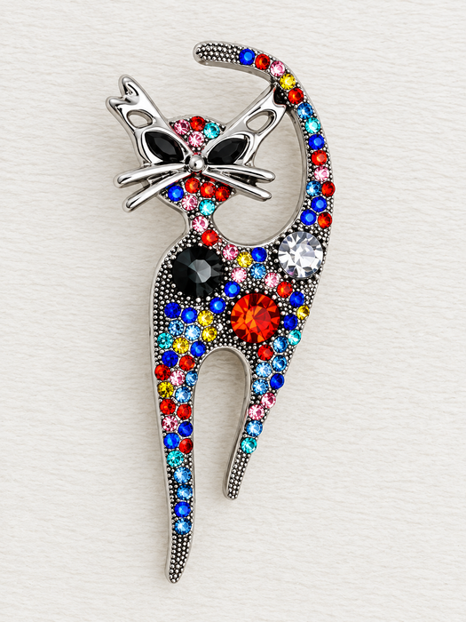 Multicoloured Crystal Cat Brooch