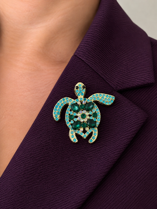 Turquoise Crystal Turtle Brooch