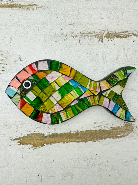 aerial front view of mosaic fish in green