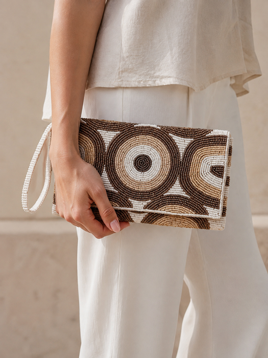 Kendra Beaded Clutch - Cream & Silver