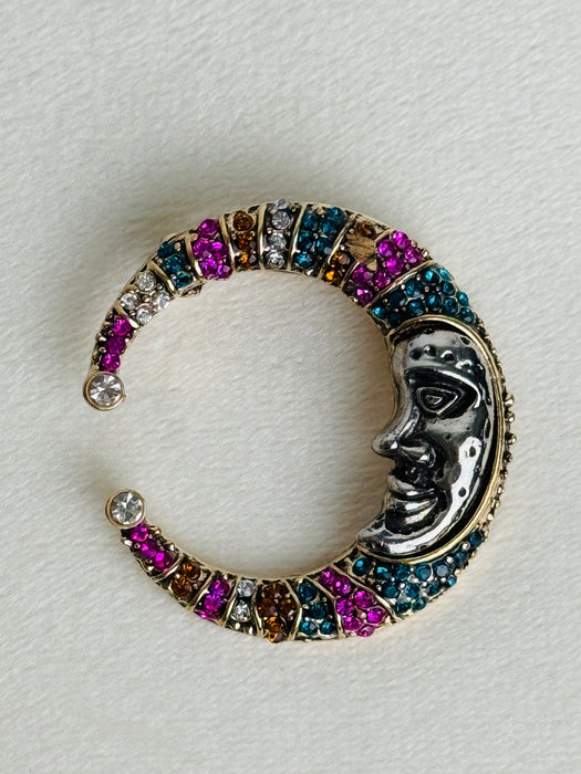 Crystal Moon Face Brooch
