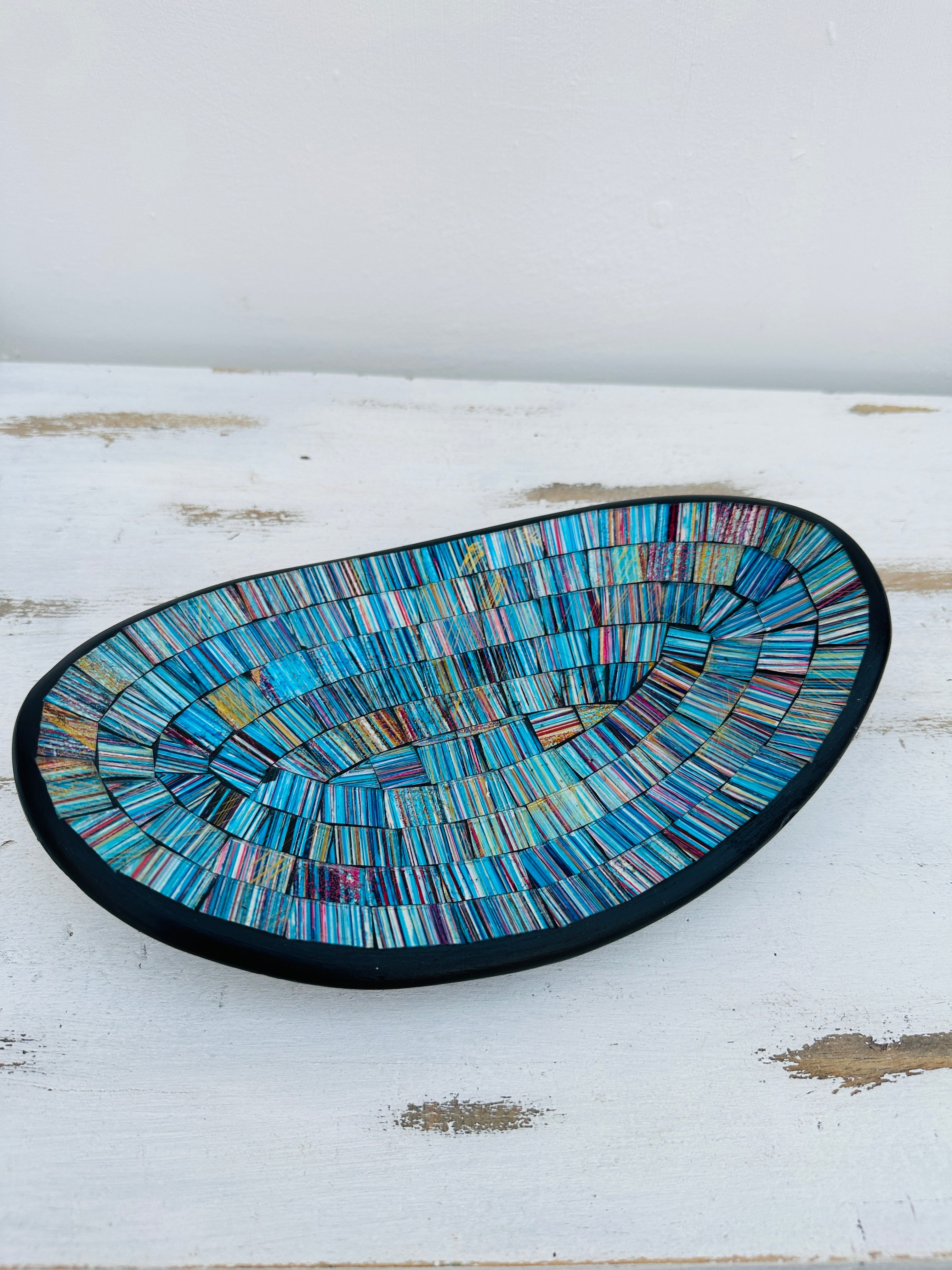 aerial view of mosaic oval bowl in blue