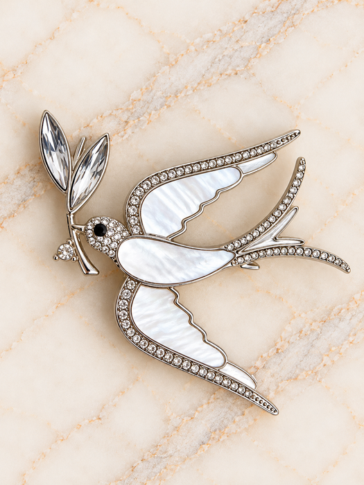 Silver Crystal Swallow Bird Brooch