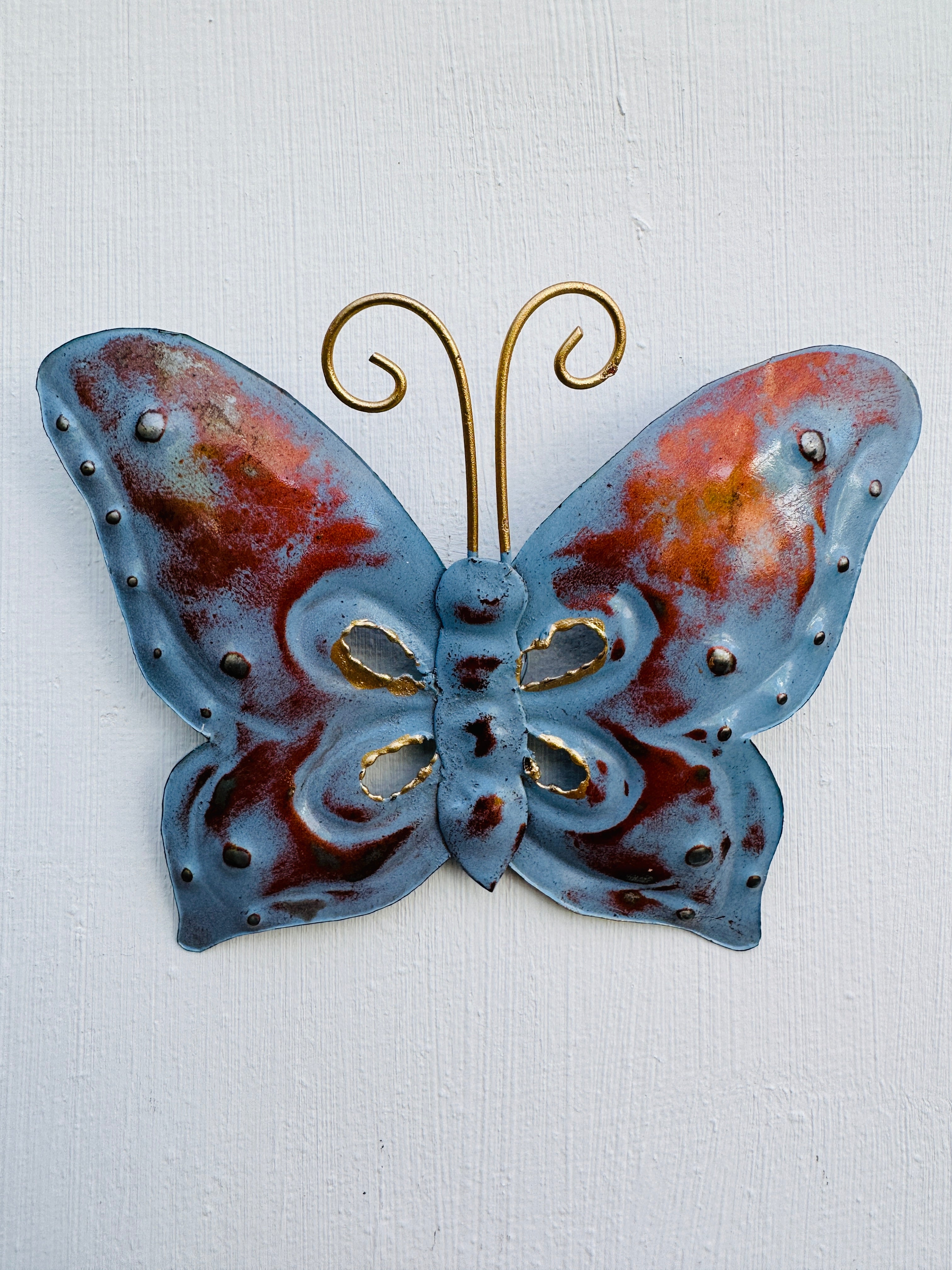 aerial front view of metal butterfly in blue