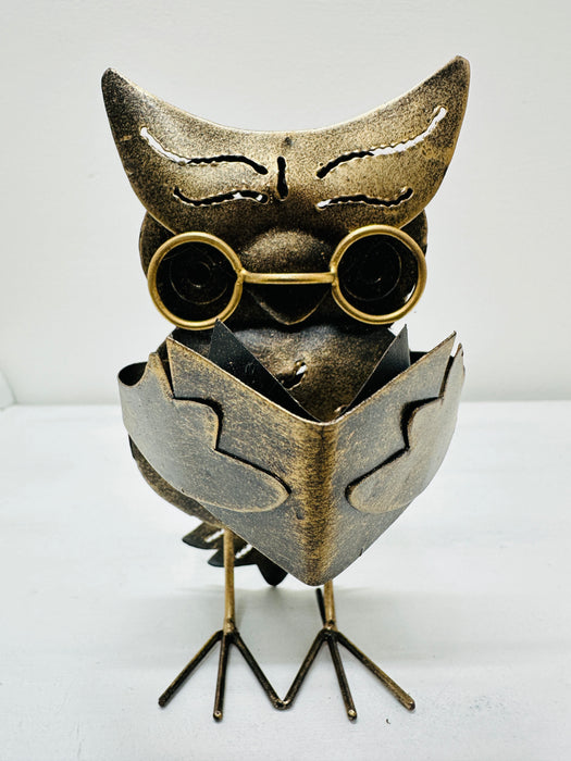 front view of metal owl caspar