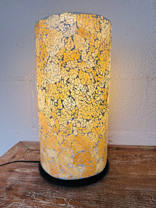 front view of mosaic cylinder lamp light on