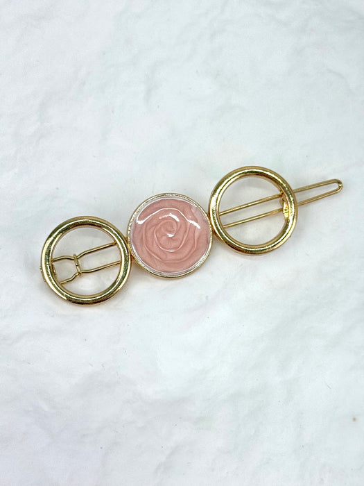 Pink Rose Hair Barrette with Gold Circles
