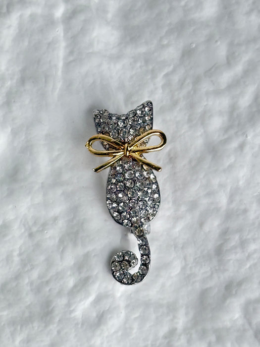 Crystal Cat Brooch with Bow