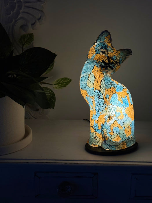 Blue & Gold Mosaic Cat Lamp