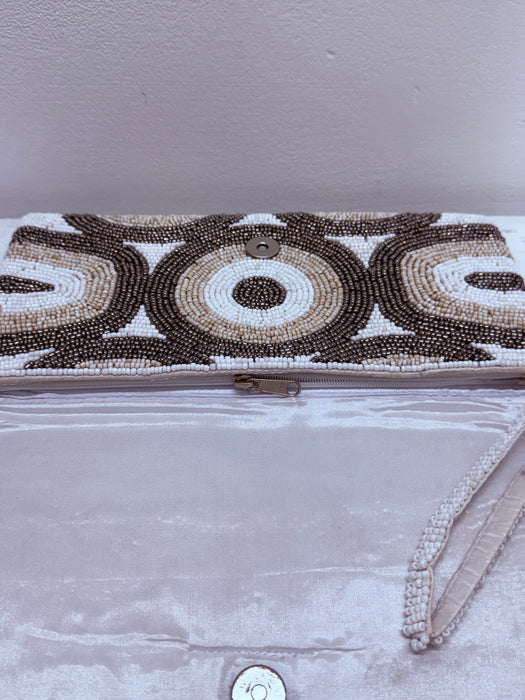 Kendra Beaded Clutch - Cream & Silver