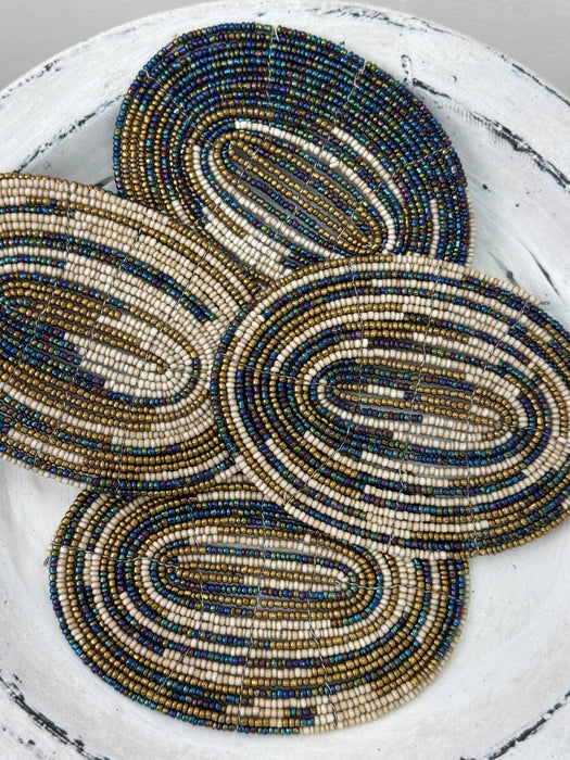 Beaded Oval Coaster - Cream & Paua