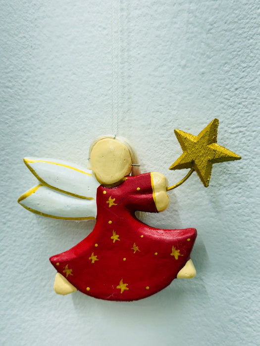 Wooden Christmas Angel - Red Dress with Star