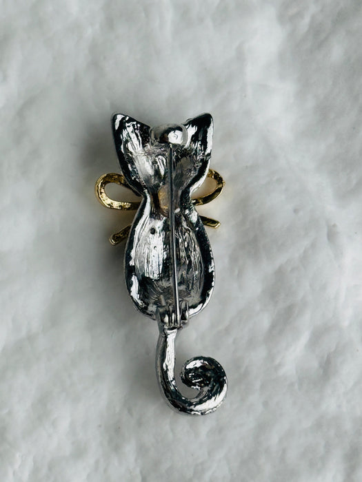 Crystal Cat Brooch with Bow