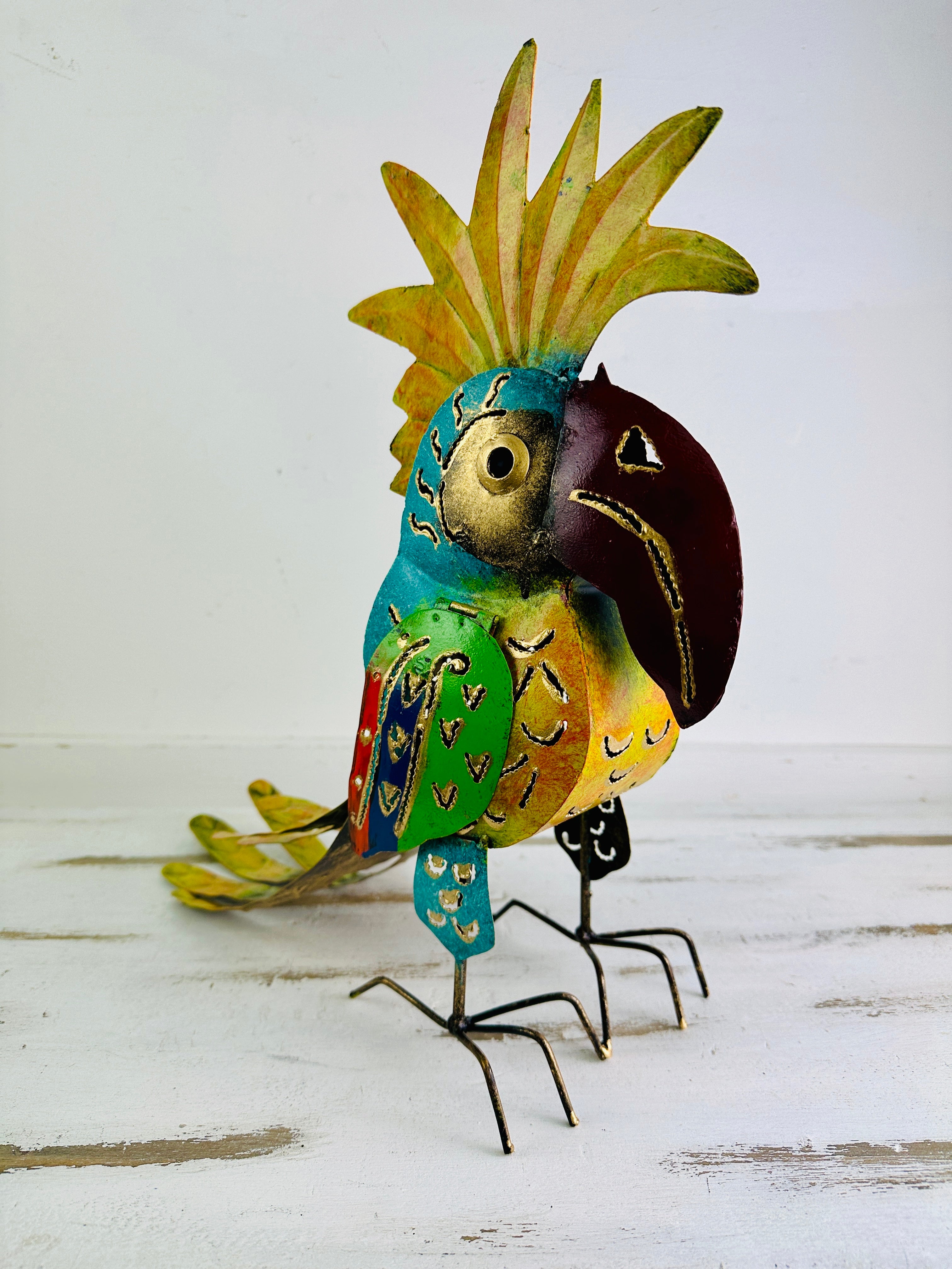 side front view of metal cockatoo lantern
