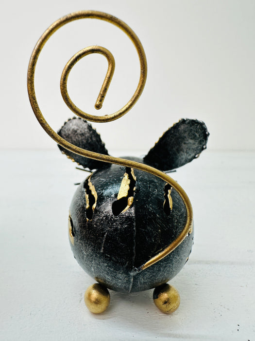 Back View of Metal and Gold Mouse Sculpture on White Background