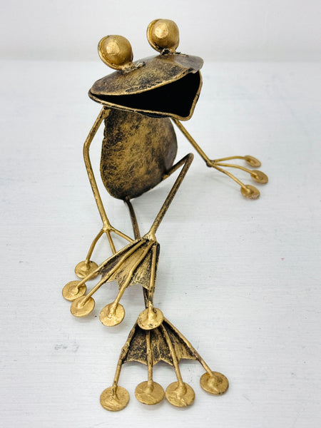  Front View of Brass Frog Sculpture on White Background
