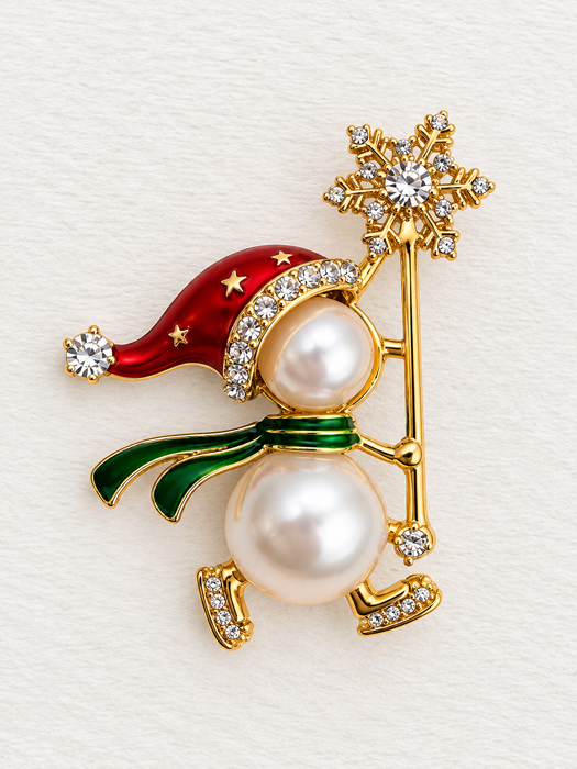 Pearl Snowman Brooch with Snowflake
