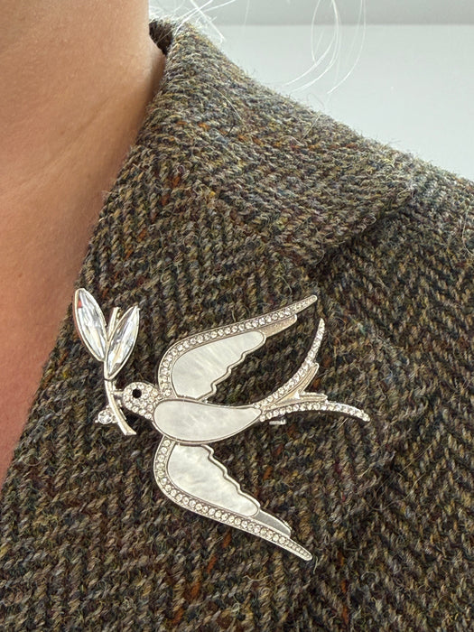 Silver Crystal Swallow Bird Brooch