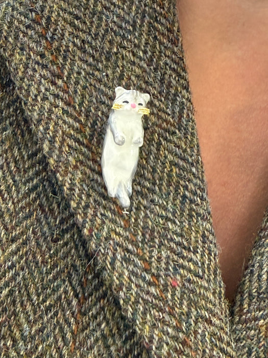 Dangling Grey Cat Brooch