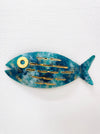 Hand-painted aqua blue metal fish wall decoration with gold detailing