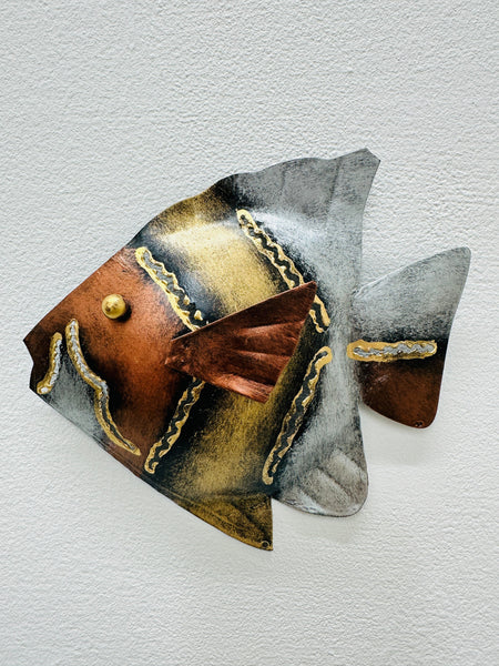 Hand-painted copper and gold metal banner fish wall decoration with silver accents