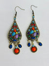 Colourful boho teardrop earrings with acrylic stones and antique gold metal