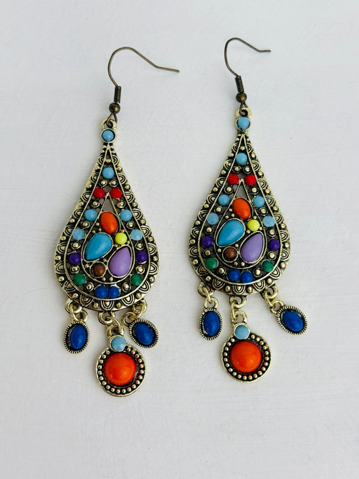 Colourful boho teardrop earrings with acrylic stones and antique gold metal