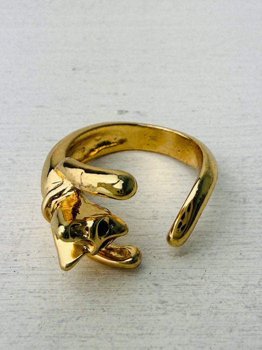 Adorable gold-tone cat hug adjustable ring wrapping around finger, displayed on a white background.