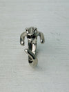 Adorable silver-tone cat hug adjustable ring wrapping around finger, displayed on a white background.