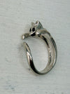 Adorable silver-tone cat hug adjustable ring wrapping around finger, displayed on a white background.