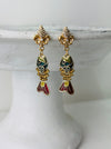 front view of colourful enamel fish drop earringswith gold tone detail and small crystals