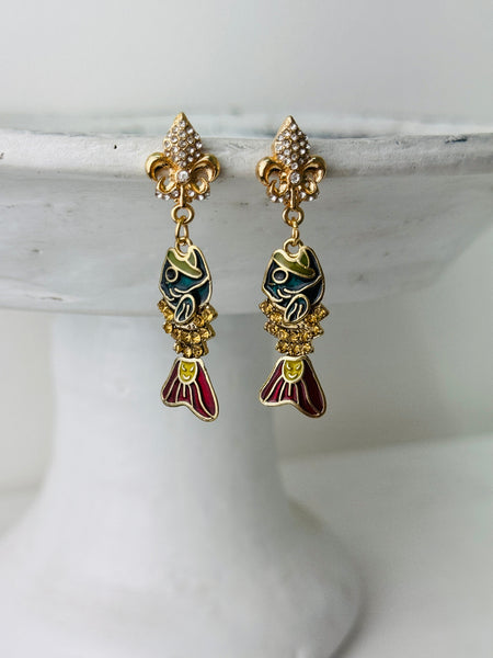 front view of colourful enamel fish drop earringswith gold tone detail and small crystals