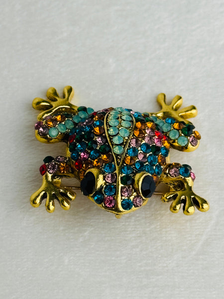 front view of multicoloured crystal frog brooch 