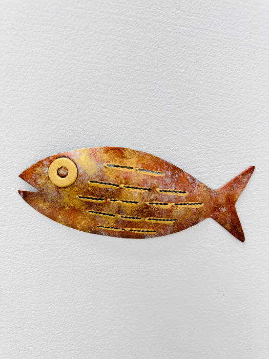 Hand-painted copper and bronze metal fish wall decoration with turquoise and gold detailing
