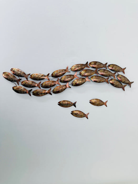 Display view of 18-piece copper metal fish shoal wall art on a white background and single 3 fish
