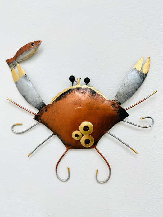 Hand-painted copper metal crab wall decoration with curled legs and metallic detailing