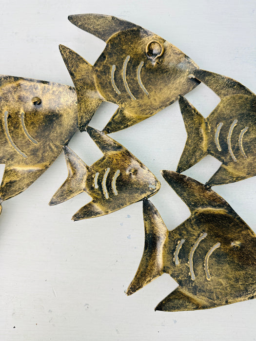 Back view of the metal crackle angel fish shoal wall sculpture showing hanging structure