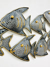 Close-up of recycled metal Angel Fish showing crackle paint texture and gold detailing.